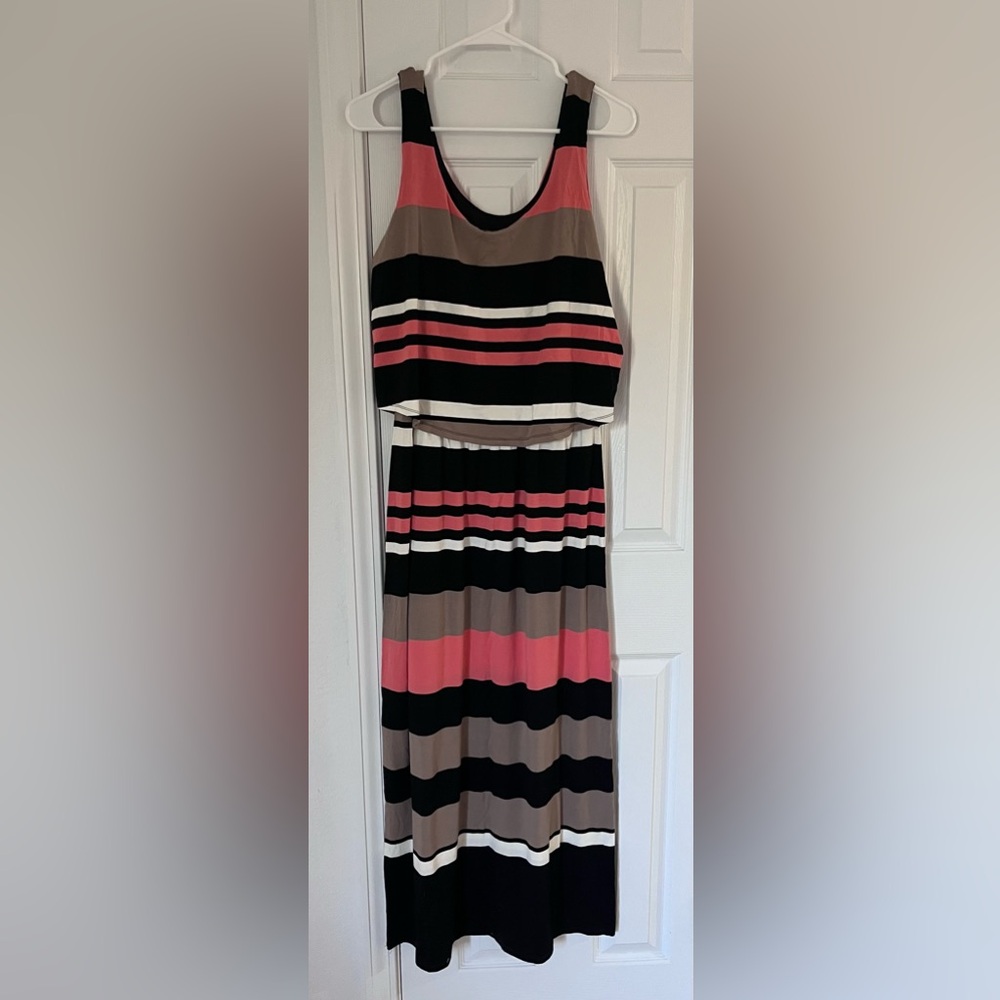 Signature by Robbie Bee Black, Pink, and Brown Striped Midi Dress